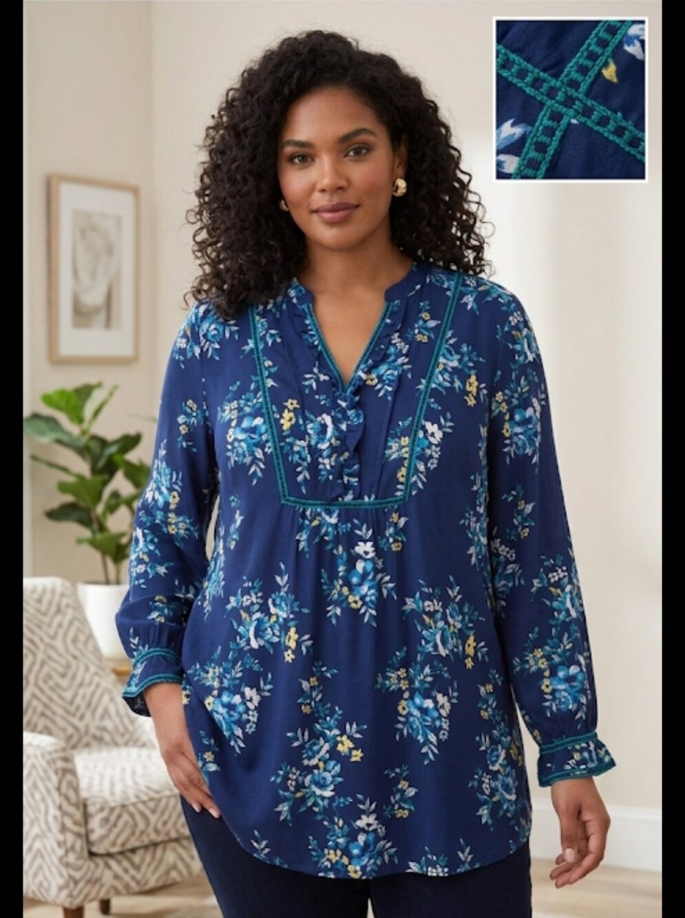 The Pioneer Woman Navy Floral V-Neck Tunic Blouse with Blue & Cream Flowers